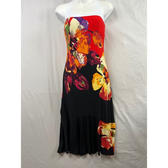 Cache Dresses & Skirts - Cache Strapless Dress Womens 8 Black Red Floral Ruffle Midi Bodycon Cocktail